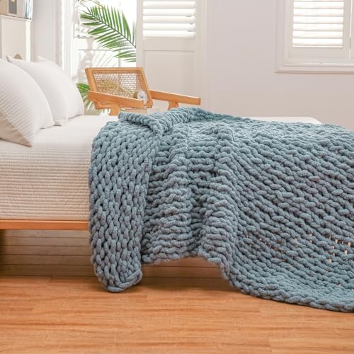 WESHIONGOO Chunky Knit Blanket Throw for Couch Bed 51"×63" Dusty Blue - color: Dusty Blue, size: 51"x63"(Large Size Throw)