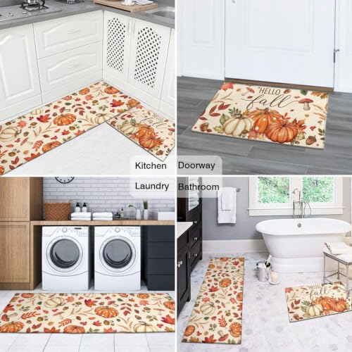 Fall Kitchen Rugs Set of 2,Fall Entrance Door Mats Pumpkin Mushroom Non Slip Kitchen Rug,Washable Anti Fatigue Mat,Kitchen Floor Washable Runner Rug, Autumn Thanksgiving Kitchen Laundry 17x30+17x47In - color: Pumpkin