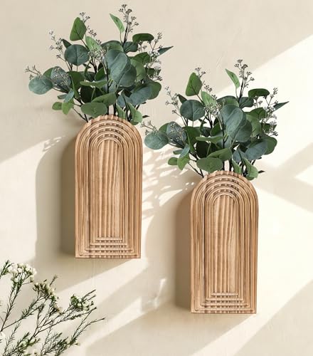 DREAMLOOM 2 Pack Wooden Wall Vases with Fake Plants, Wall Hanging Planters Boho Modern Farmhouse Indoor for Narrow Spaces Entryway Bathroom Home Office Decoration, Brown - color: C-brown