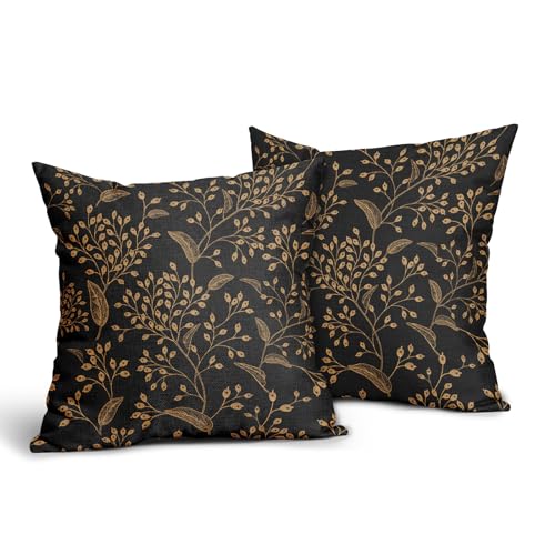 Boho Pillow Covers 18X18 Inch Set of 2 Black Gold Floral Leaves Decorative Pillow Cases Vintage Flower Leaf Cotton Linen Cushion Case Farmhouse Home Decor for Sofa Couch Porch Outdoor - color: Gold Leaf, size: 18" x 18" (Pack of 2)
