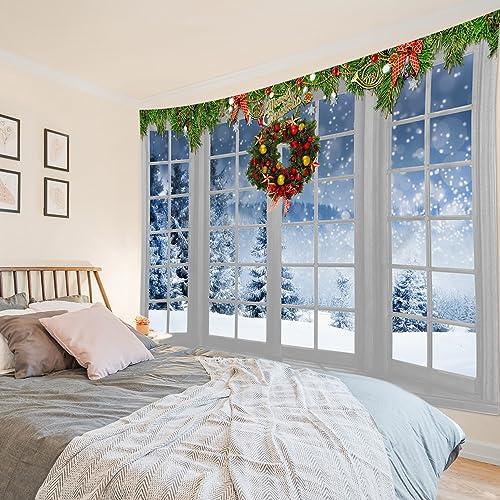 HVEST Christmas Tapestry Wall Hanging Winter Snow Forest outside White Window Tapestry for Bedroom, Nature Landscape Christmas Wall Art for Living Room Dorm Home Decor Backdrop, 40L X 60W inches - color: White, size: 40"L x 60"W