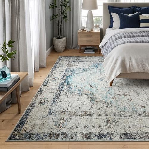 Bloom Rugs Washable Non-Slip 8' x 10' Rug - Beige/Blue Traditional Area Rug for Living Room, Bedroom, Dining Room, and Kitchen - Exact Size: 8' x 10' - color: Beige / Blue, size: 8' x 10' (Rectangular)