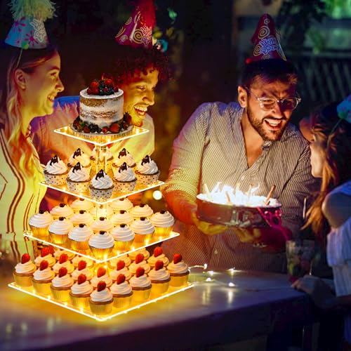 YestBuy Cupcake Stand with Yellow LED Lights, 4 Tier Cupcake Stand for 50 Cupcakes, Acrylic Cupcake Tower Stand, Clear Tiered Cupcake Holder for Birthday Candy Bar Décor Weddings, Parties Events - color: Yellow, size: 4 Tier Square