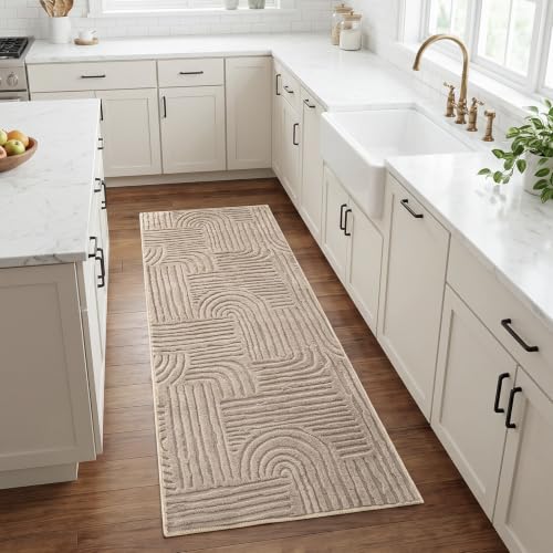 Etwel 2x6 Taupe Modern Geometric Textured High-Low Pile Washable Runner Rug - color: Neutral Taupe, size: 2' x 6'