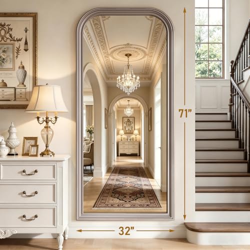 71"x32" Full Length Mirror with Stand, Arched PU Frame - color: Antique Silver