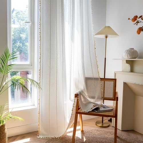 Deeprove White Boho Curtains 102 inch Extra Long for Bohemian Farmhouse House Decoration, Sheer Window Treatment, Privacy Embroidery Drape for Bedroom Living Room Doorway, 1 Panel W52 x L102 - color: White, size: 52"W x 102"L (Pack of 1)