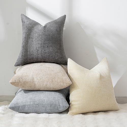 Pack of 4 Throw Pillow Covers 18x18” Boho Cushion Covers for Living Room - color: Beige/Dark Gray, size: 18" x 18" (Pack of 4)