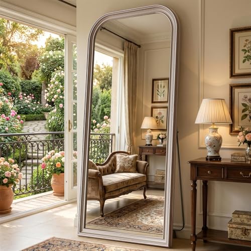 71"x32" Full Length Mirror with Stand, Arched PU Frame - color: Antique Silver