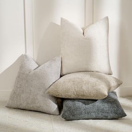 Volcanics Boho Throw Pillow Covers 18x18 Set of 4, Neutral Chenille Decorative Cushion Covers for Couch, Sofa, Bedroom, Living Room, Farmhouse & Mid-Century Modern Home Decor - color: Neutral, size: 18" x 18" (Pack of 4)
