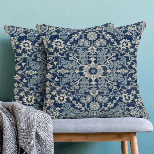 Blue White Boho Pillow Covers 18x18 Set of 2, Carpet Design Decorative Boho Throw Pillows Linen Farmhouse Bohemian Cushion Pillow Covers for Sofa Couch Outdoor Decor - color: Boho-1, size: 18" x 18" (Pack of 2)