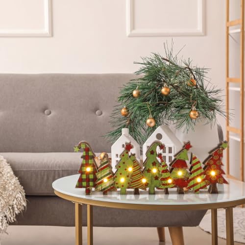Yousoontic Christmas Tree Decor Table Centerpieces, Green and Red Wooden Sign Decorations with LED Lights 3D Block, Light up 3D Green Monster Ornament for Tabletop Mantel Desk Table Home Office Party - style: Christmas Tree