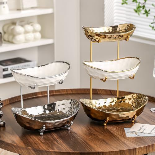 2-Tier Fruit Bowls for Kitchen Counter,Ceramic Bowl with Silver Metal Stand,2 Tier Fruit Basket for Fruit,Snack,Cake,Nuts,Dessert Space Saving Storage - color: Silver