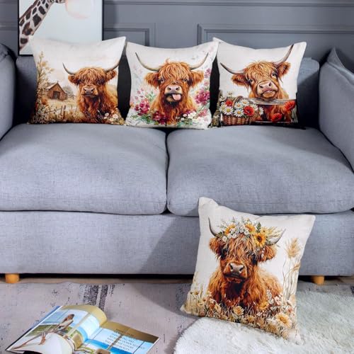 Throw Pillow Covers, Highland Rustic, Set of 4, 18"x18" - color: Highland Cow 2