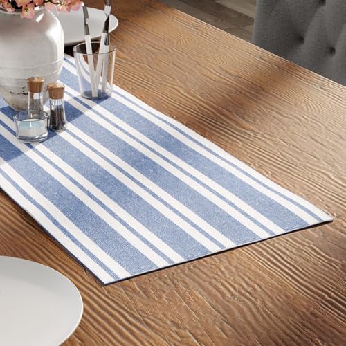 Encasa XO Table Runner, Woven Cotton Dining Linens 13"x36" Blue - color: Franca Blue Stripes, size: 13x36 in