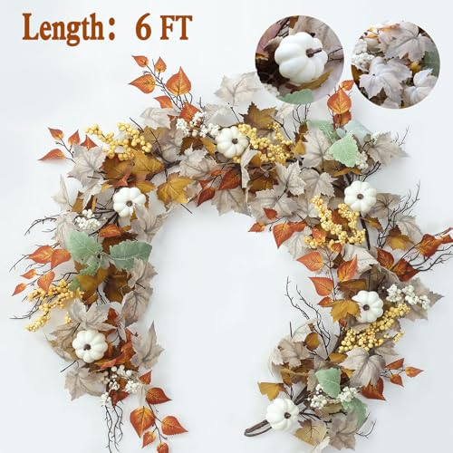 MIZII Fall Decor Artificial Maples Leaf Pumpkin Garland 6FT Autumn Maple Vines Garland Thanksgiving Halloween Harvest Decorations for Home Porch Mantle Fireplace Farmhouse Outdoor Indoor (6FT,Fall) - color: 6ft,fall