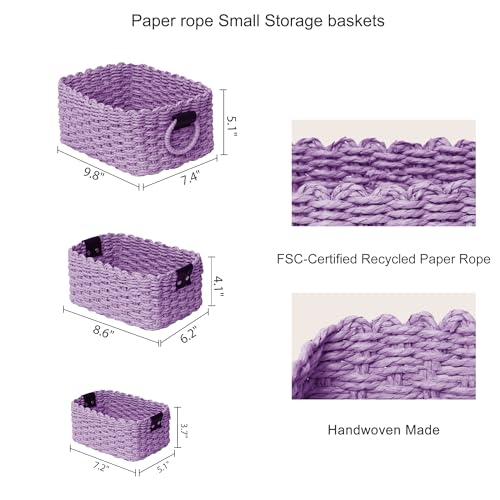 Woven Paper Rope Wicker Basket for Organizing(Set of 3,Purple) - color: Purple