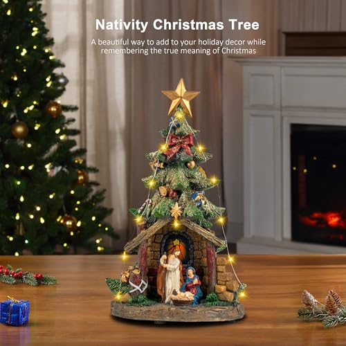 Qualdout Christmas Tree Nativity Scene with Figurines LED Light, Christmas Holy Family Nativity Scene for Xmas Decor Gift, Tabletop Decorative Christmas Ornaments