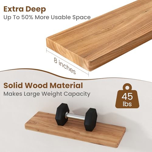 Floating Shelves for Wall, 24"Wx8"D Elm Wood Shelves, Set of 2, Natural - color: Natural, size: Round Edge, 24inch, 2Packs