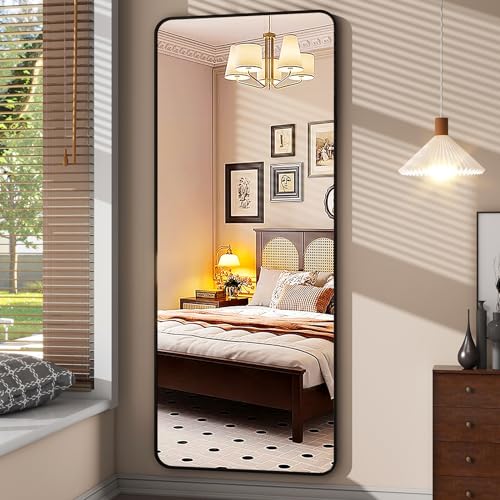64"x21" Full Length Mirror, Full Body Rounded Corner Rectangle Mirrors with Stand, Standing or Leaning Metal Framed Floor Mirror, Wall Mounted Mirrors Hang Horizontally or Vertically, Black - color: Black, size: 64"L x 21"W