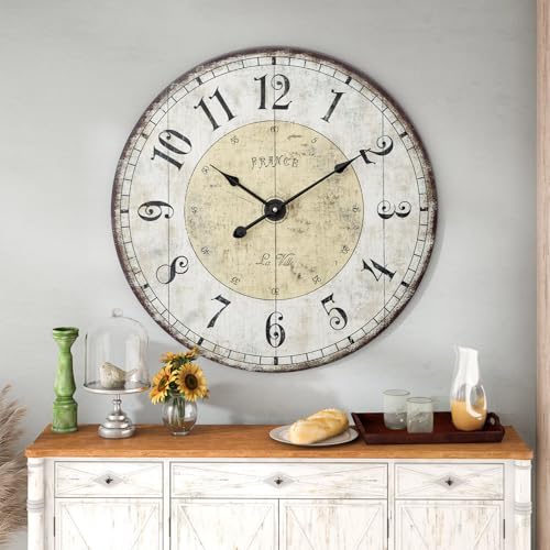 24 Inch Large Wall Clock, Rustic Round Farmhouse Wall Clocks for Living Room Decor, Silent Non-Ticking Battery Operated Clock with Large Numerals, Vintage Oversized Decorative Wall Clock - color: 24 Inch Vintage Yellow Wall Clock