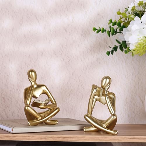 2-Piece Gold Resin Seated Reading Figurines with Books, Bookshelf Decor - color: Gold