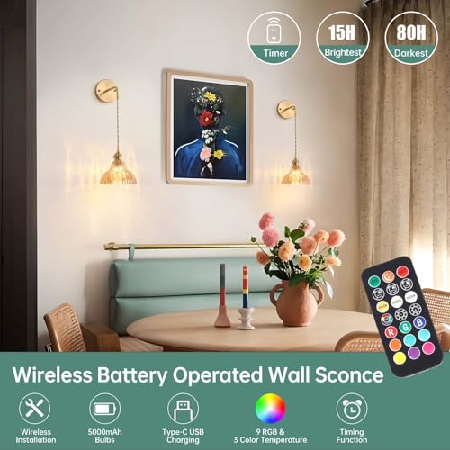 Shenmoyl Vintage Battery Operated wall sconces Set of 2, Wall Lamps with Amber Lily of the Shade Pattern Glass, Adjustable Chain Gold Wall Lights, sconces wall Decor for Stairway Living Room Doorway - color: Lily of the Valley-Amber, size: 2Pack-Battery O