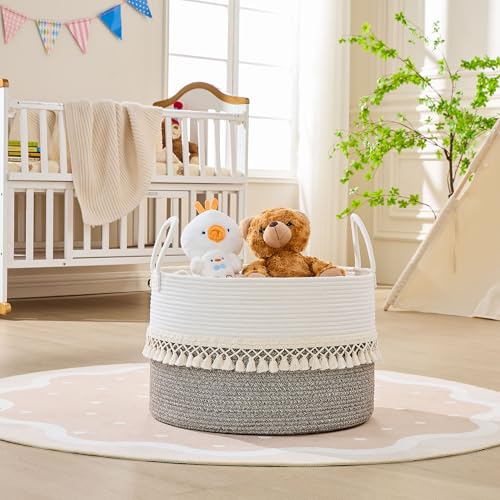 KAKAMAY Large Blanket Basket with Handles, Storage Basket for Living Room - color: Beige Fringe