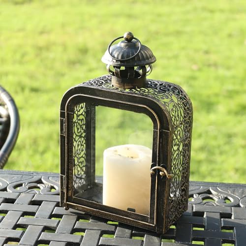 Candle Lantern Decorative Indoor & Outdoor, Vintage Metal Lanterns with Clear Glass, Tabletop&Hanging Candle Holders for Patio Front Porch Home Decor, Christmas Decorations (Bronze) - color: Bronze