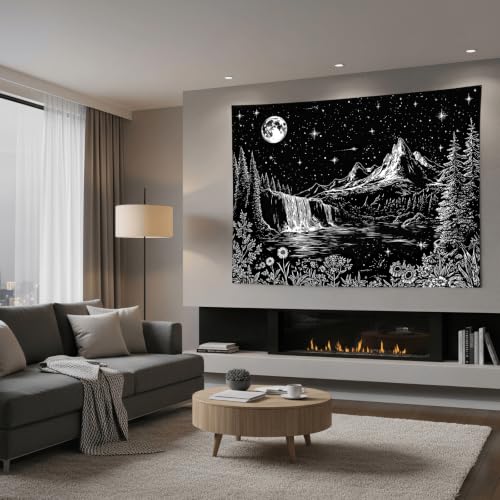 Accnicc Black and White Forest Mountain Tapestry 48x36 Inch - color: Black and White Waterfall, size: 48"L x 36"W