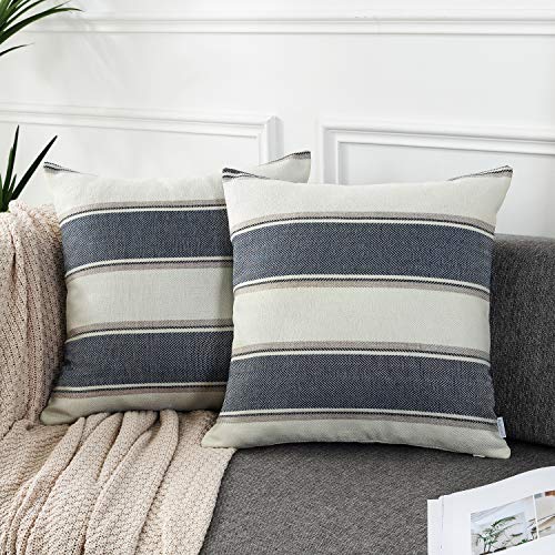AmHoo Pack of 2 Farmhouse Linen Throw Pillow Cover Cushion Stripe Decoration Buffalo Retro Pillowcase with Hidden Zipper for Sofa Bedroom Car 26 x 26 Inch Blue - color: Blue, size: 26" x 26" (Pack of 2)