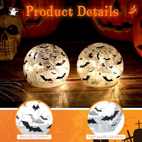 Rossesay 2 Pcs Halloween Glass Ball Lights 3.9 Inch Bat LED Globe Lights