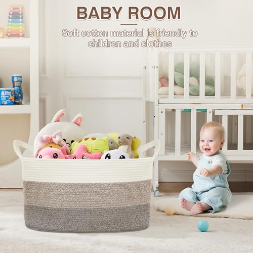 YOUDENOVA Large Blanket Basket, Rectangle Cotton Rope Storage Baske - color: White+Light Brown+Dark Brown