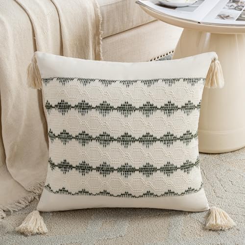 Fancy Homi Set of 2 Boho Olive Green Decorative Throw Pillow Cover 18x18 Inch for Couch Bed Sofa, Aesthetic Organic Farmhouse Home Decor, Soft Cute Accent Macrame Woven Cushion Case with Tassels - color: Olive Green, size: 18" x 18" (Pack of 2)