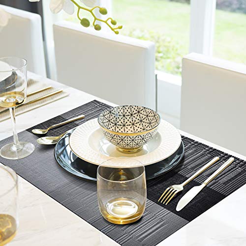 Aofmee Placemats, Placemats Set of 6, Heat Resistant Place Mats, Washable PVC Table Mats, Woven Vinyl Plastic Placemats for Dining Table, Non-Slip Stain Resistant Kitchen Table Placemats Easy to Clean - color: Black, size: Set of 6