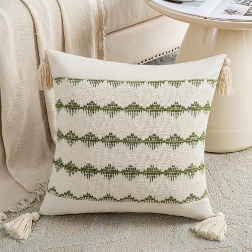 Fancy Homi Set of 2 Boho Moss Green Decorative Throw Pillow Cover 18x18 Inch for Couch Bed Sofa, Aesthetic Farmhouse Home Decor, Soft Cotton Cute Accent Macrame Woven Cushion Case with Tassels - color: Moss Green, size: 18" x 18" (Pack of 2)