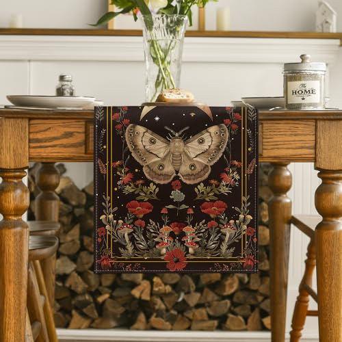 Artoid Mode Poppy Moth Mushroom Moon Fall Table Runner, Seasonal Autumn Kitchen Dining Table Decoration for Home Party Decor 13x90 Inch - color: Black, size: 13" x 90", Table Runner