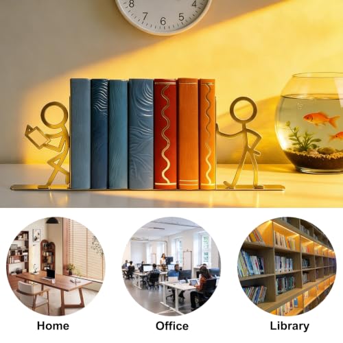 2 Pcs Metal Bookends and Heart Bookmark,Book Ends for Book Shelf,Golden - color: Gold Readers