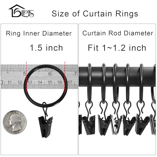 LLPJS Curtain Rings with Clips, 1.5 inch ID, 60 Pack, Black - color: Black, size: 1.5" I D Set of 60