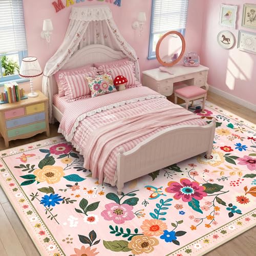 RELEANY Floral Washable 7x9 Area Rugs Pink - color: Pink, size: 7' x 9' (Rectangular)