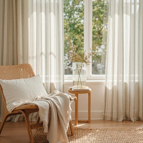 MYSKY HOME Green Striped Linen Curtains for Living Room 84 Inches 2 Panels - color: Green, size: 52"W x 84"L (Pack of 2)