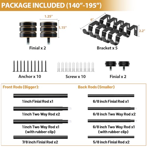 TONIAL 1 Inch Double Curtain Rods for Windows, 140 to 180 Inch Long, Black - color: Black, size: 140-180"