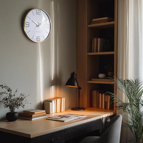 AYRELY® 12 Inch Silent Modern Wall Clocks Battery Operated, Wall Clock for Living Room Décor,Gold Metal Frame Clock Decorative for Bedroom,Kitchen,Office - color: White