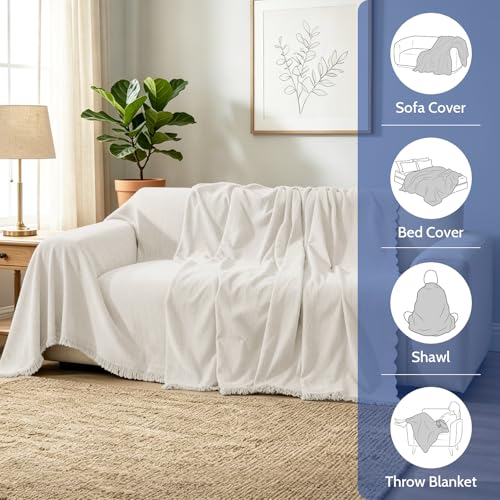 Chenille Couch Cover for Dogs Washable Boho Throw Blanket Washable - color: 01 Beige White, size: 71"×102"