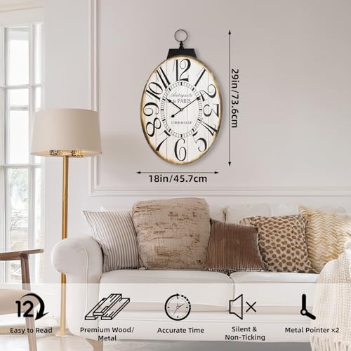 Large Wall Clocks, 29 Inch-High Oversized Oval French Vintage Farmhouse Design, Battery Operated Silent Wall Clock for Living Room,Kitchen,Bedroom (Brown) - color: Brown -Oval