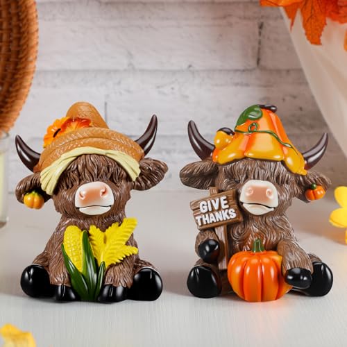 Karenhi 2 Pcs Highland Cow Figurines Resin Tabletop Decor Statues - style: Thanksgiving Day