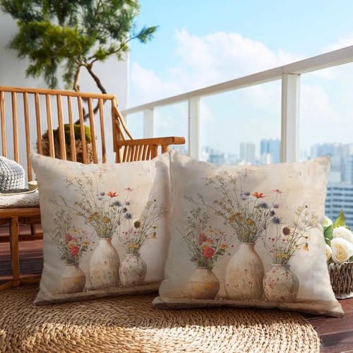 Firmiso Cream Beige Wildflower Vase Throw Pillow Covers 18x18 Set of 2, Cottage Floral Decorative Cushion Covers, Vintage Botanical Flower Pillow Cases for Couch Sofa Bedroom Living Room Home Decor - color: Floral Vase