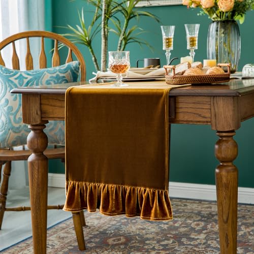 Velvet Table Runner Soft Decorative Luxurious Solid 108 Inches Long Tablecloth with Retro Ruffle Flounces Table Runner Dresser Scarves for Kitchen Dining Room Coffee Table Golden Camel,14x108 Inch - color: Golden Camel, size: 14x108 in