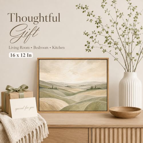 Framed Modern Neutral Green Abstract Landscape Canvas Wall Art, 16x12 In - color: ROLLING HILLS, size: 16"L x 12"W