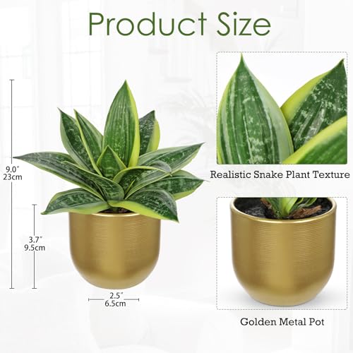 Hollyone Artificial Snake Plants 9" Faux Agave Succulent Plant Potted in Gold Pot Fake Sansevieria Aloe Tropical Plant for Desk Modern Office Home Bathroom Indoor Outdoor Decor - color: Green #3-gold Pot