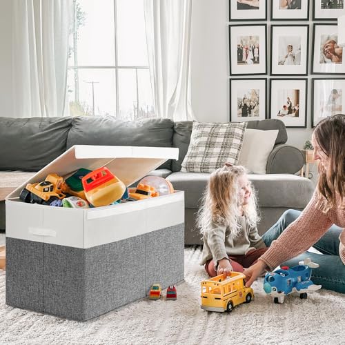 INDRESSME 122L Large Toy Storage Box, Lid & Dividers, Grey & White - color: Grey & White, size: 26"x17"x17"